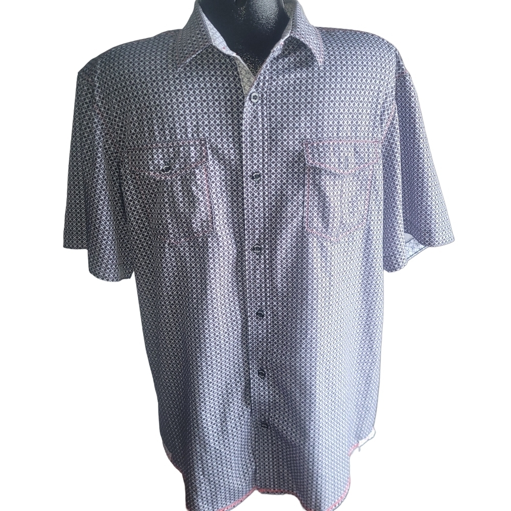 Urban Outfitters Blue and White Patterned Short Sleeve Shirt Size L
